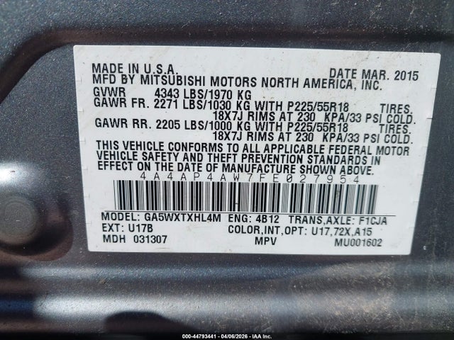 Продаж на аукціоні авто 2015 Mitsubishi Outlander Sport Gt, vin: 4A4AP4AW7FE027954, номер лоту: 44793441