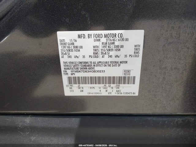 Продаж на аукціоні авто 2017 Ford Explorer Xlt, vin: 1FM5K7D83HGB30233, номер лоту: 44793452