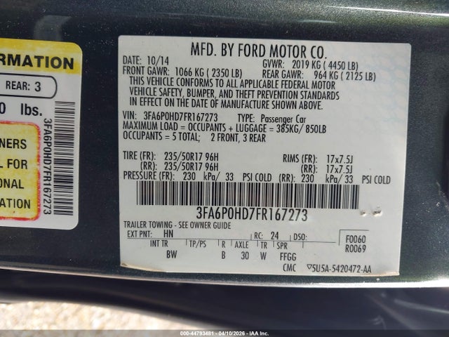44793481 :رقم المزاد ، 3FA6P0HD7FR167273 vin ، 2015 Ford Fusion Se مزاد بيع