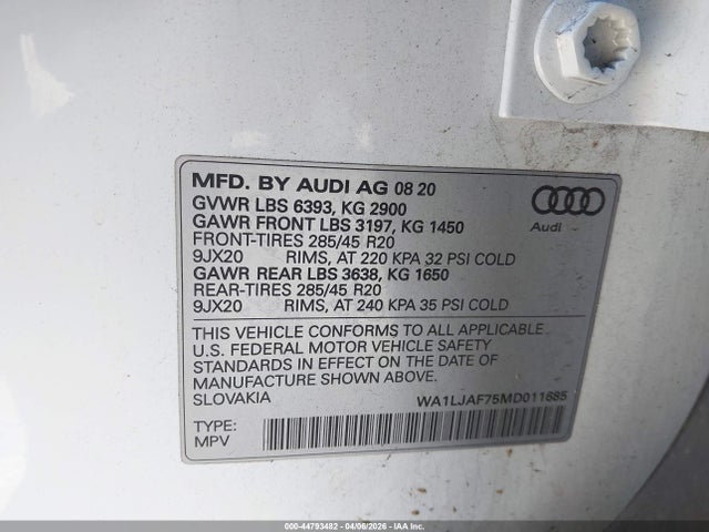 44793482 :رقم المزاد ، WA1LJAF75MD011685 vin ، 2021 Audi Q7 Premium Plus 45 Tfsi Quattro Tiptronic مزاد بيع