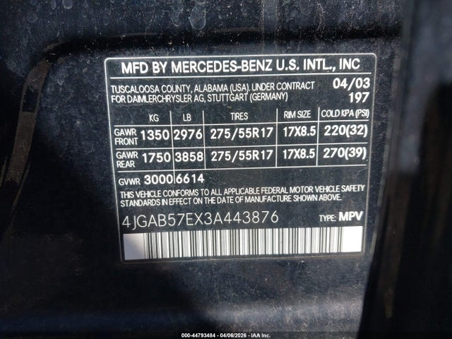 Aukcja sprzedaży 2003 Mercedes-benz Ml 350, vin: 4JGAB57EX3A443876, numer aukcji: 44793484
