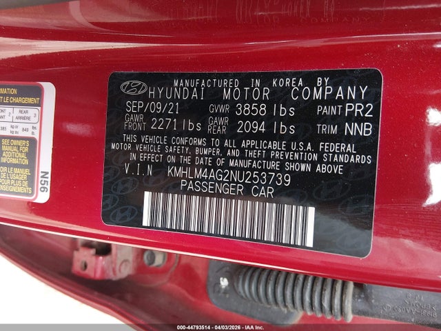Aukcja sprzedaży 2022 Hyundai Elantra Sel, vin: KMHLM4AG2NU253739, numer aukcji: 44793514