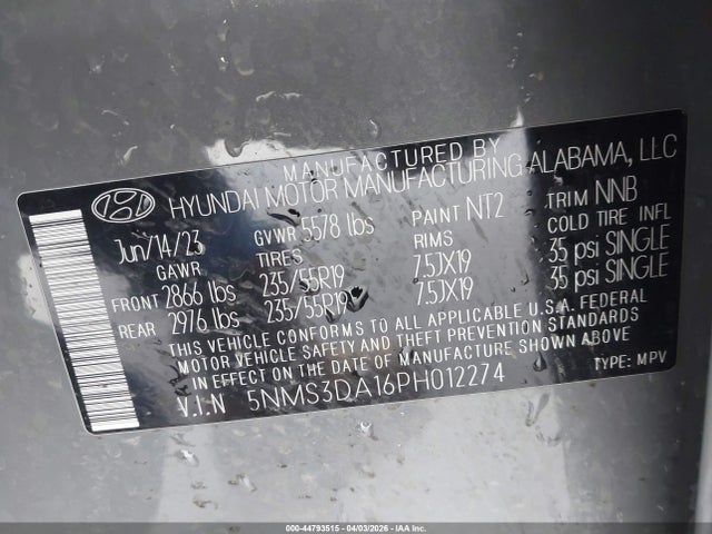 Aukcja sprzedaży 2023 Hyundai Santa Fe Hybrid Sel Premium, vin: 5NMS3DA16PH012274, numer aukcji: 44793515