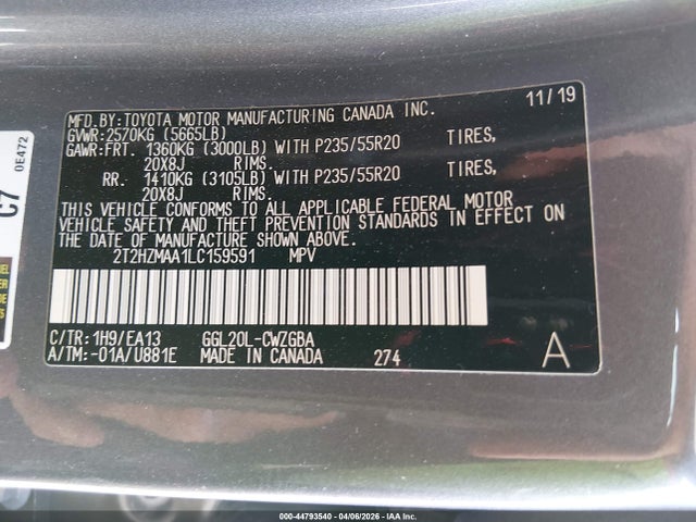 2020 Lexus Rx 350 მანქანა იყიდება აუქციონზე, vin: 2T2HZMAA1LC159591, აუქციონის ნომერი: 44793540