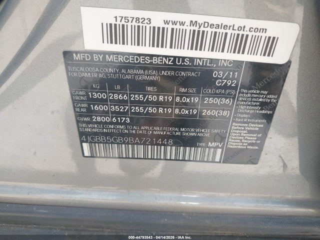 Aukcja sprzedaży 2011 Mercedes-benz Ml 350, vin: 4JGBB5GB9BA721448, numer aukcji: 44793543