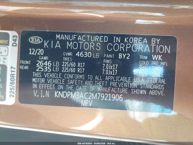 Aukcja sprzedaży 2021 Kia Sportage Lx, vin: KNDPM3AC2M7921906, numer aukcji: 44793554