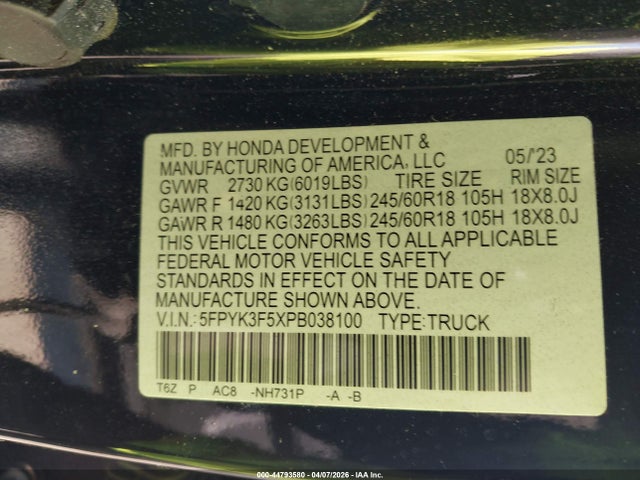 44793580 :رقم المزاد ، 5FPYK3F5XPB038100 vin ، 2023 Honda Ridgeline Rtl مزاد بيع