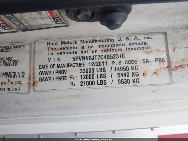 44793589 :رقم المزاد ، 5PVNV8JT7C4S52310 vin ، 2012 Hino 338 مزاد بيع