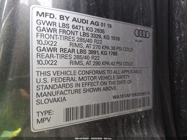 Aukcja sprzedaży 2019 Audi Q8 55 Premium, vin: WA1EVAF15KD026113, numer aukcji: 44793591