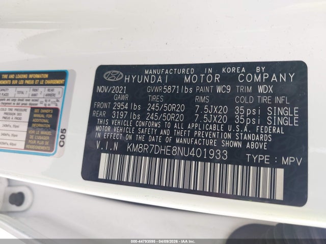 KM8R7DHE8NU401933 Hyundai Palisade Calligraphy