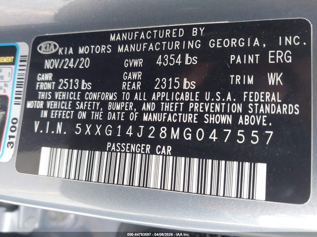 Продаж на аукціоні авто 2021 Kia K5 Lxs, vin: 5XXG14J28MG047557, номер лоту: 44793597