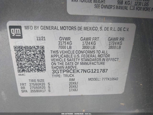Aukcja sprzedaży 2022 Gmc Sierra 1500 Limited 4wd  Short Box Elevation, vin: 3GTP9CEK7NG121787, numer aukcji: 44793598