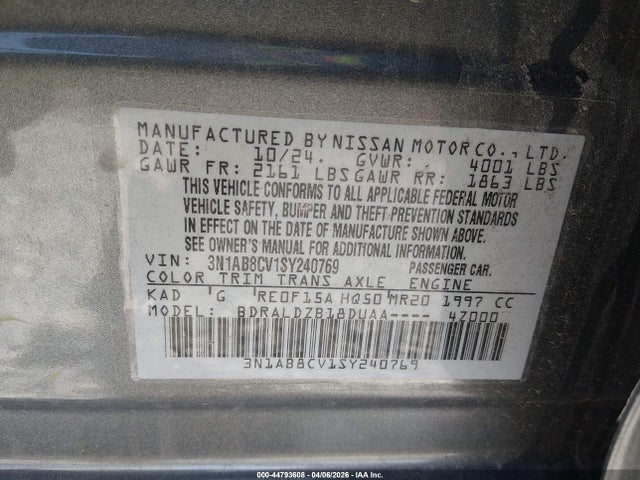 Aukcja sprzedaży 2025 Nissan Sentra Sv, vin: 3N1AB8CV1SY240769, numer aukcji: 44793608