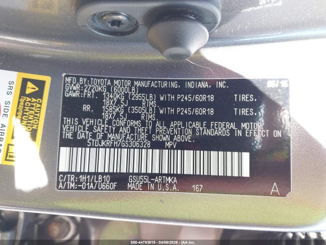 5TDJKRFH7GS306328 Toyota Highlander Xle V6