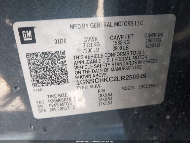 Aukcja sprzedaży 2020 Chevrolet Suburban 2wd Lt, vin: 1GNSCHKC2LR250949, numer aukcji: 44793633