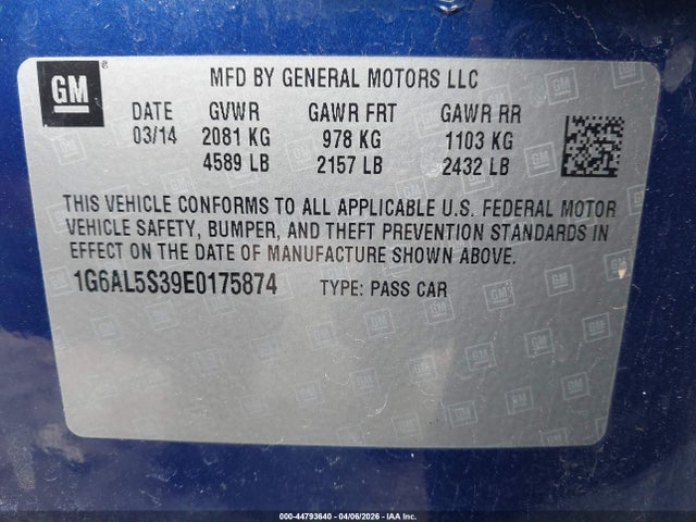 2014 Cadillac Ats Premium მანქანა იყიდება აუქციონზე, vin: 1G6AL5S39E0175874, აუქციონის ნომერი: 44793640