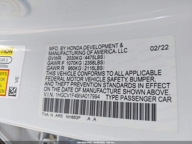 Продажа на аукционе авто 2022 Honda Accord Sport Special Edition, vin: 1HGCV1F49NA017994, номер лота: 44793648
