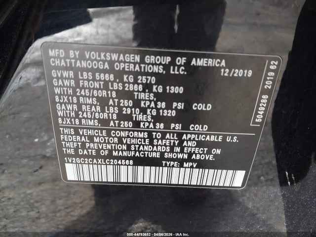 Продажа на аукционе авто 2020 Volkswagen Atlas Cross Sport 2.0t S, vin: 1V2GC2CAXLC204568, номер лота: 44793652