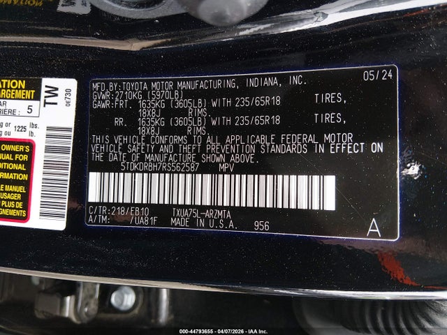 44793655 :رقم المزاد ، 5TDKDRBH7RS562587 vin ، 2024 Toyota Highlander Xle مزاد بيع