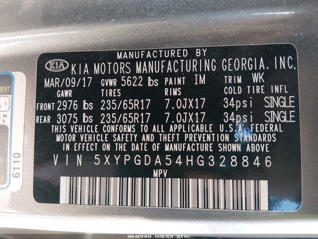Aukcja sprzedaży 2017 Kia Sorento 3.3l Lx, vin: 5XYPGDA54HG328846, numer aukcji: 44793659