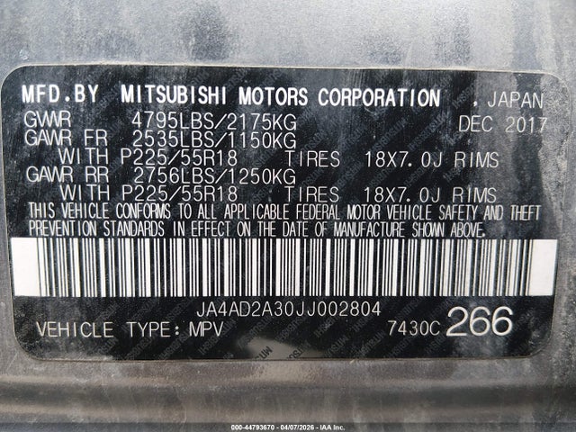 Продаж на аукціоні авто 2018 Mitsubishi Outlander Es, vin: JA4AD2A30JJ002804, номер лоту: 44793670