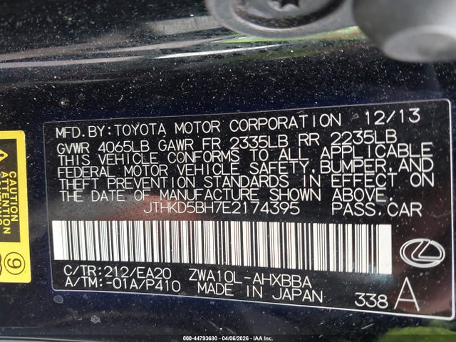 Aukcja sprzedaży 2014 Lexus Ct 200h, vin: JTHKD5BH7E2174395, numer aukcji: 44793680