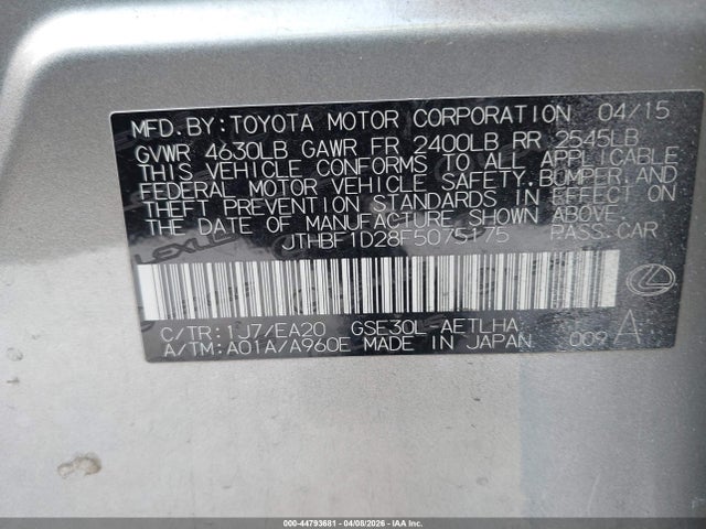 Aukcja sprzedaży 2015 Lexus Is 250, vin: JTHBF1D28F5075175, numer aukcji: 44793681