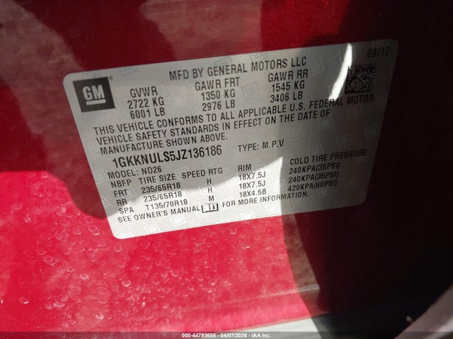Продажа на аукционе авто 2018 Gmc Acadia Slt-1, vin: 1GKKNULS5JZ136186, номер лота: 44793686