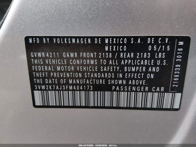 44793688 :رقم المزاد ، 3VW2K7AJ3FM404173 vin ، 2015 Volkswagen Jetta 2.0l S مزاد بيع