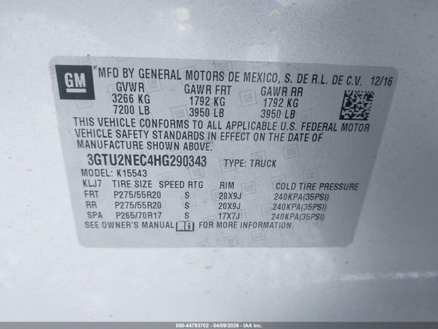 Aukcja sprzedaży 2017 Gmc Sierra 1500 Slt, vin: 3GTU2NEC4HG290343, numer aukcji: 44793702