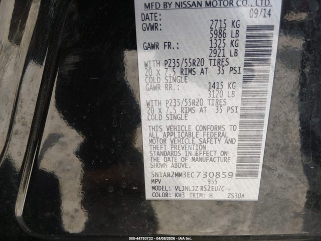 Aukcja sprzedaży 2014 Nissan Pathfinder Platinum, vin: 5N1AR2MM3EC730859, numer aukcji: 44793722