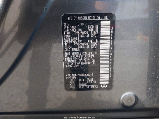 Aukcja sprzedaży 2019 Infiniti Qx80 Luxe, vin: JN8AZ2NF8K9687217, numer aukcji: 44793738