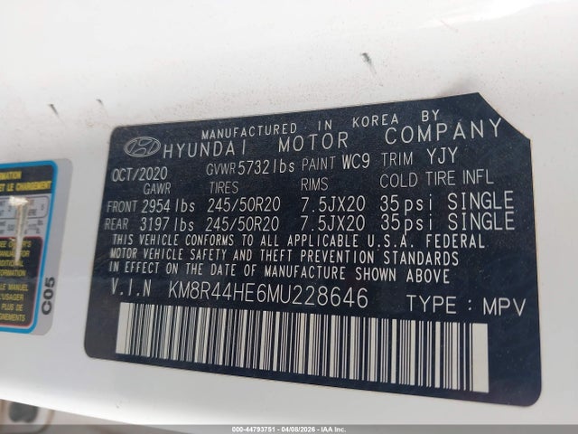 44793751 :رقم المزاد ، KM8R44HE6MU228646 vin ، 2021 Hyundai Palisade Sel مزاد بيع