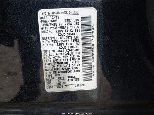 Aukcja sprzedaży 2013 Nissan Murano Sl, vin: JN8AZ1MW5DW314104, numer aukcji: 44793756
