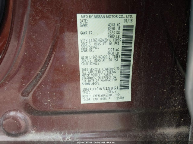 2018 Nissan Titan Xd Platinum Reserve Diesel მანქანა იყიდება აუქციონზე, vin: 1N6BA1F49JN519961, აუქციონის ნომერი: 44793761