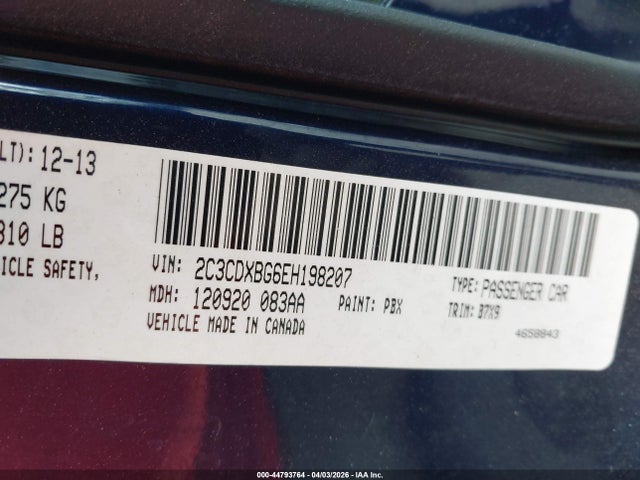 44793764 :رقم المزاد ، 2C3CDXBG6EH198207 vin ، 2014 Dodge Charger Se مزاد بيع