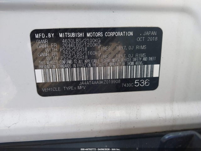 Aukcja sprzedaży 2019 Mitsubishi Eclipse Cross Le, vin: JA4AT4AA9KZ019908, numer aukcji: 44793772