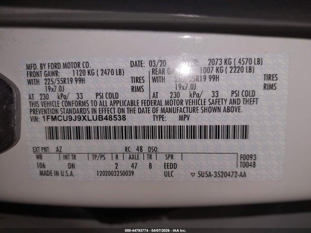 Продажа на аукционе авто 2020 Ford Escape Titanium, vin: 1FMCU9J9XLUB48538, номер лота: 44793774