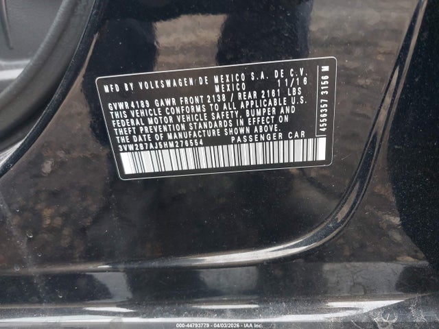 44793779 :رقم المزاد ، 3VW2B7AJ5HM276554 vin ، 2017 Volkswagen Jetta 1.4t S مزاد بيع