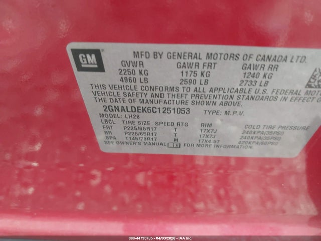 Aukcja sprzedaży 2012 Chevrolet Equinox 1lt, vin: 2GNALDEK6C1251053, numer aukcji: 44793785