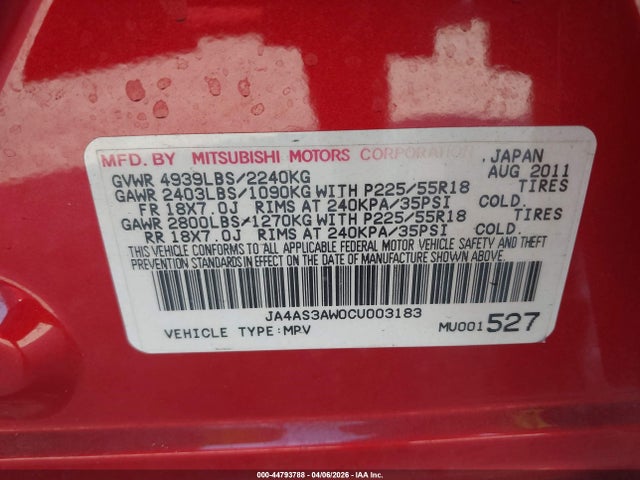 Продаж на аукціоні авто 2012 Mitsubishi Outlander Se, vin: JA4AS3AW0CU003183, номер лоту: 44793788
