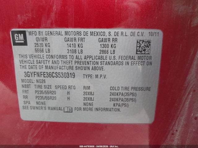 44793808 :رقم المزاد ، 3GYFNFE36CS530319 vin ، 2012 Cadillac Srx Premium Collection مزاد بيع