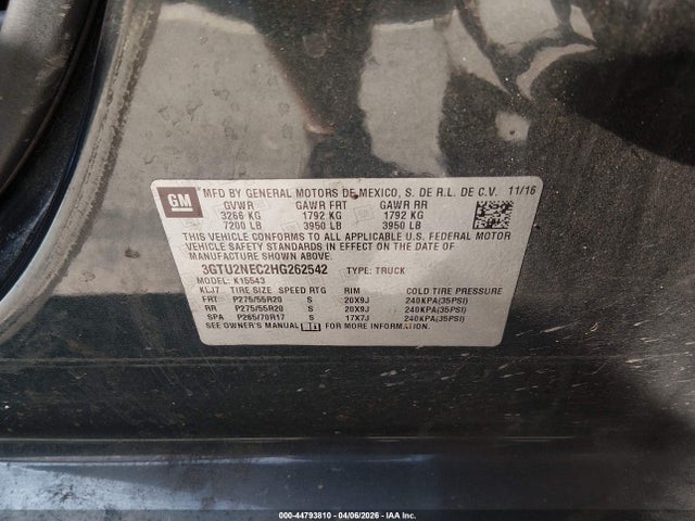 Продаж на аукціоні авто 2017 Gmc Sierra 1500 Slt, vin: 3GTU2NEC2HG262542, номер лоту: 44793810