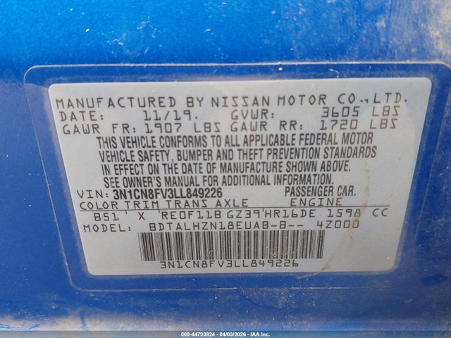 Aukcja sprzedaży 2020 Nissan Versa Sr Xtronic Cvt, vin: 3N1CN8FV3LL849226, numer aukcji: 44793824