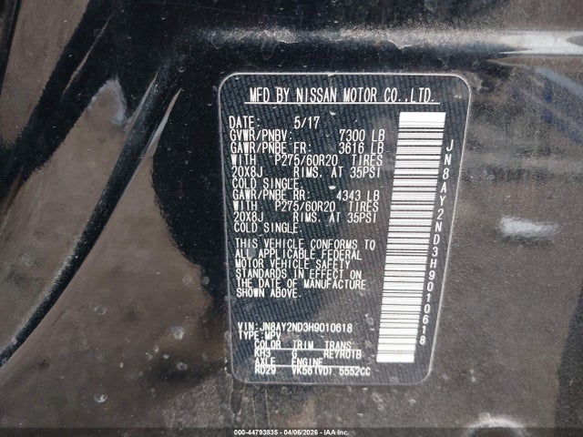 Aukcja sprzedaży 2017 Nissan Armada Platinum, vin: JN8AY2ND3H9010618, numer aukcji: 44793835