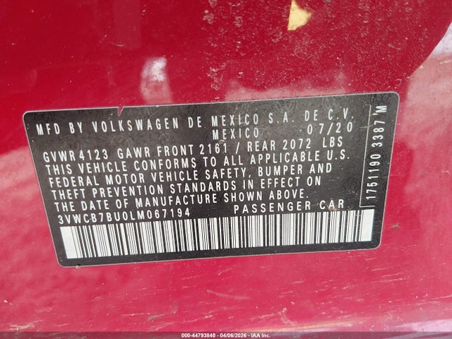 2020 Volkswagen Jetta 1.4t R-line/1.4t S/1.4t Se მანქანა იყიდება აუქციონზე, vin: 3VWCB7BU0LM067194, აუქციონის ნომერი: 44793840