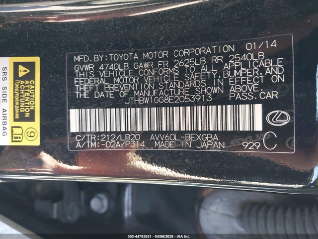 44793851 :رقم المزاد ، JTHBW1GG8E2053913 vin ، 2014 Lexus Es 300h مزاد بيع
