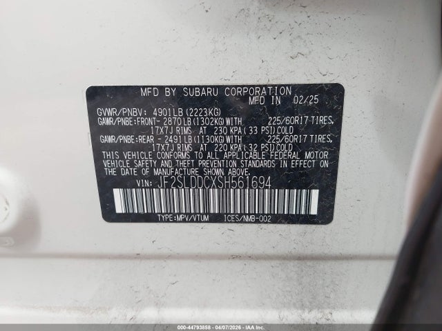 44793858 :رقم المزاد ، JF2SLDDCXSH561694 vin ، 2025 Subaru Forester Premium مزاد بيع