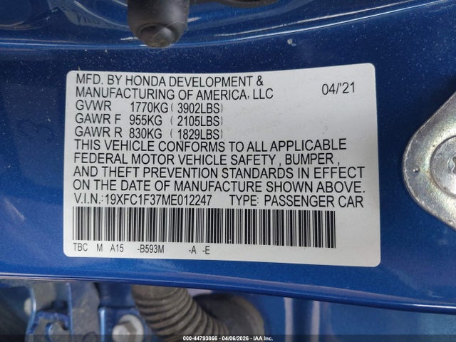 Aukcja sprzedaży 2021 Honda Civic Ex, vin: 19XFC1F37ME012247, numer aukcji: 44793866