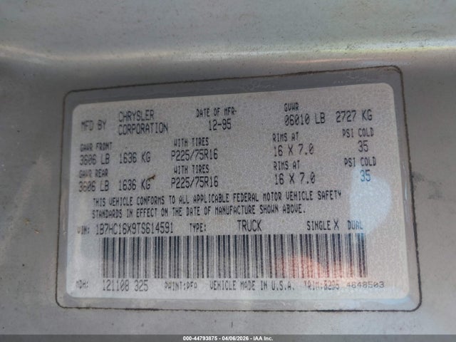 44793875 :رقم المزاد ، 1B7HC16X9TS614591 vin ، 1996 Dodge Ram 1500 مزاد بيع